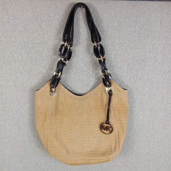 Michael Kors Raffia Shoulder Bag Tan Black Woven Straw MK Charm Slouchy Boho - Picture 1 of 6